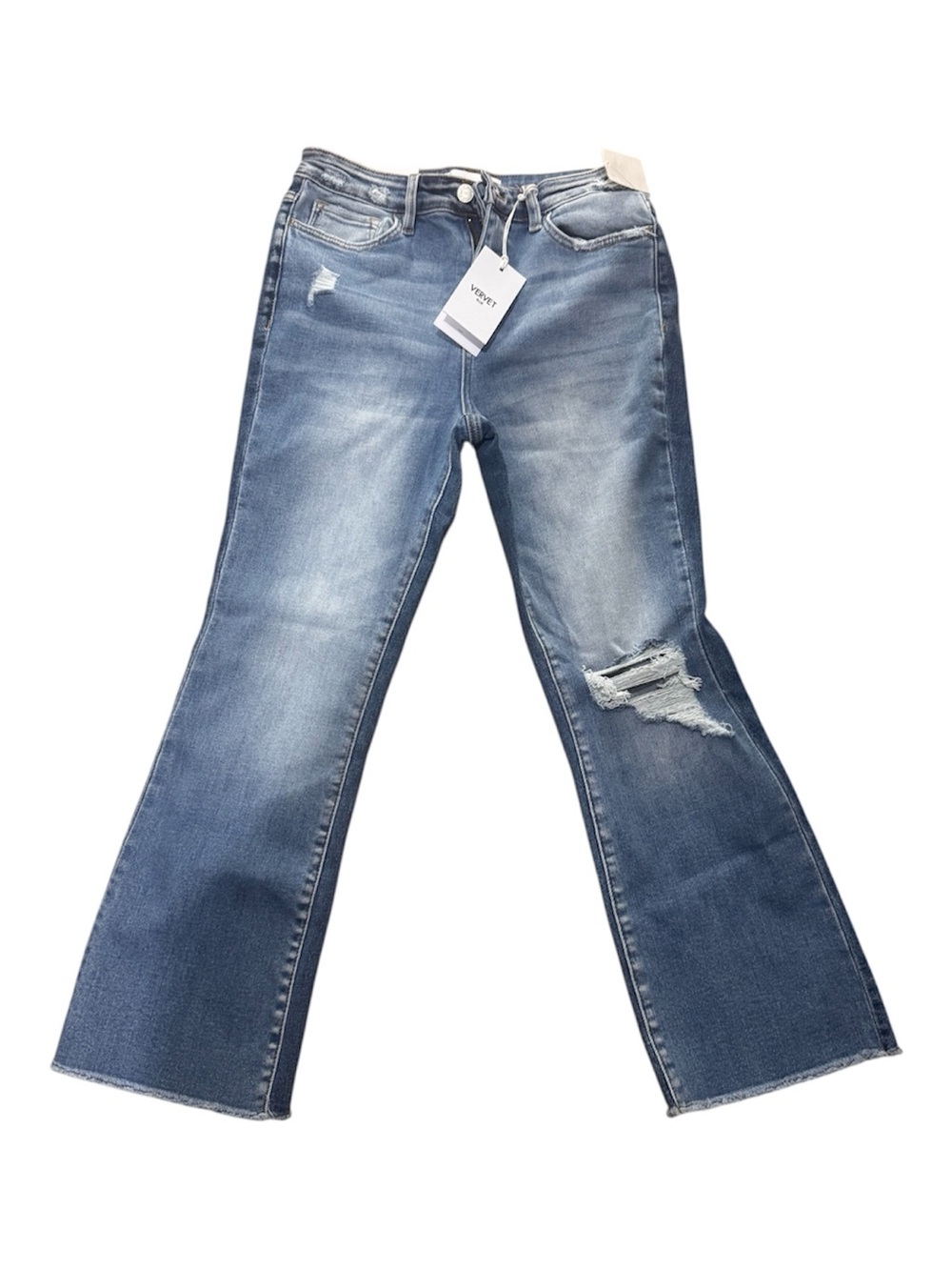Vervet- Vintage-Inspired Light Blue Flare Jeans with Distressed Knee - Vervet - Picture 2 of 7